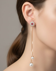 Floral Ruby Stud Earrings with Long Double Chain Pearl Drops