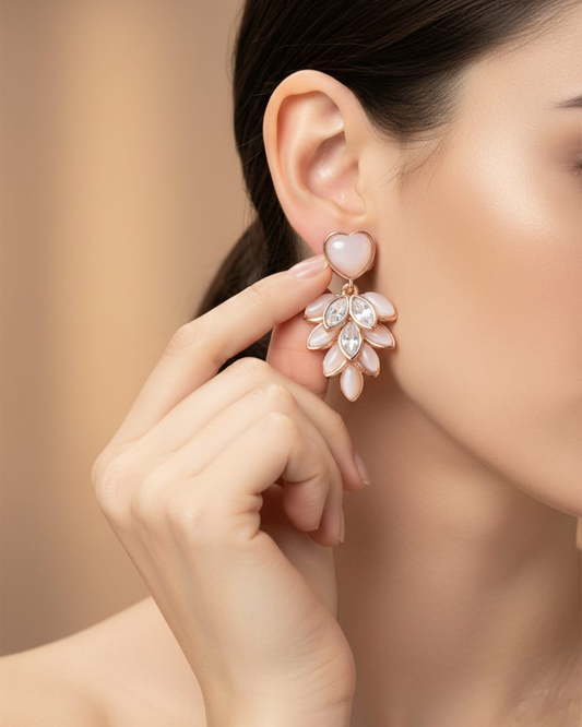 Rose Gold Heart Stud & Pastel Pink Petal Dangle Earrings