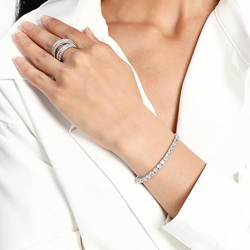 𝟏𝟖𝐤 White Gold Plated CZ Tennis Bracelet, 4MM Cubic Zirconia Charm Bracelet for Women