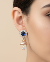 Sapphire Blue Zircon Studded Rose 𝟏𝟖𝐤 Gold Plated Jhumka Earrings