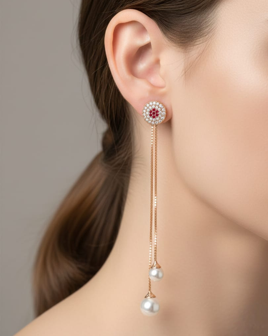 Floral Ruby Stud Earrings with Long Double Chain Pearl Drops