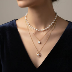 Gold Plated Triple Layered Pearl & Heart Pendant Necklace