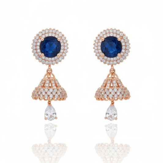 Sapphire Blue Zircon Studded Rose 𝟏𝟖𝐤 Gold Plated Jhumka Earrings