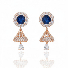 Sapphire Blue Zircon Studded Rose 𝟏𝟖𝐤 Gold Plated Jhumka Earrings