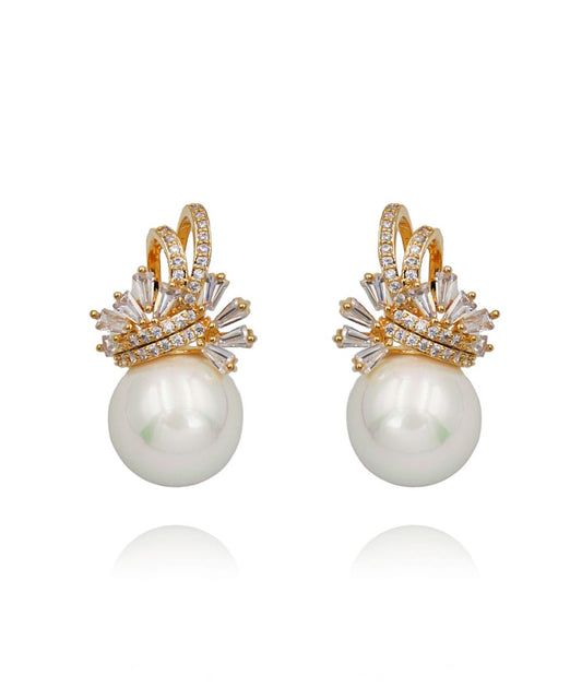 𝟏𝟎𝐤 Gold Plated  Pearl Earrings With Cubic Zirconia For Party