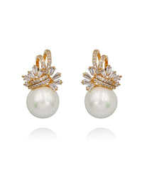 𝟏𝟎𝐤 Gold Plated  Pearl Earrings With Cubic Zirconia For Party